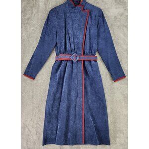 Womens Dress Medium Blue Red Trim Faux Suede Belted Long Sleeve 70s Vintage